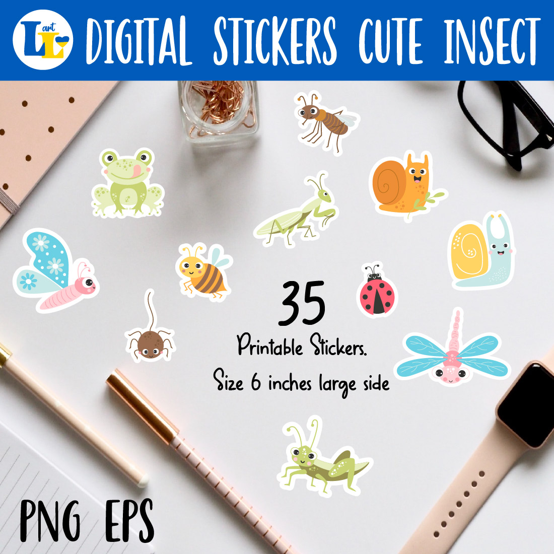 35 Cute Insect Stickers Bundle previews.