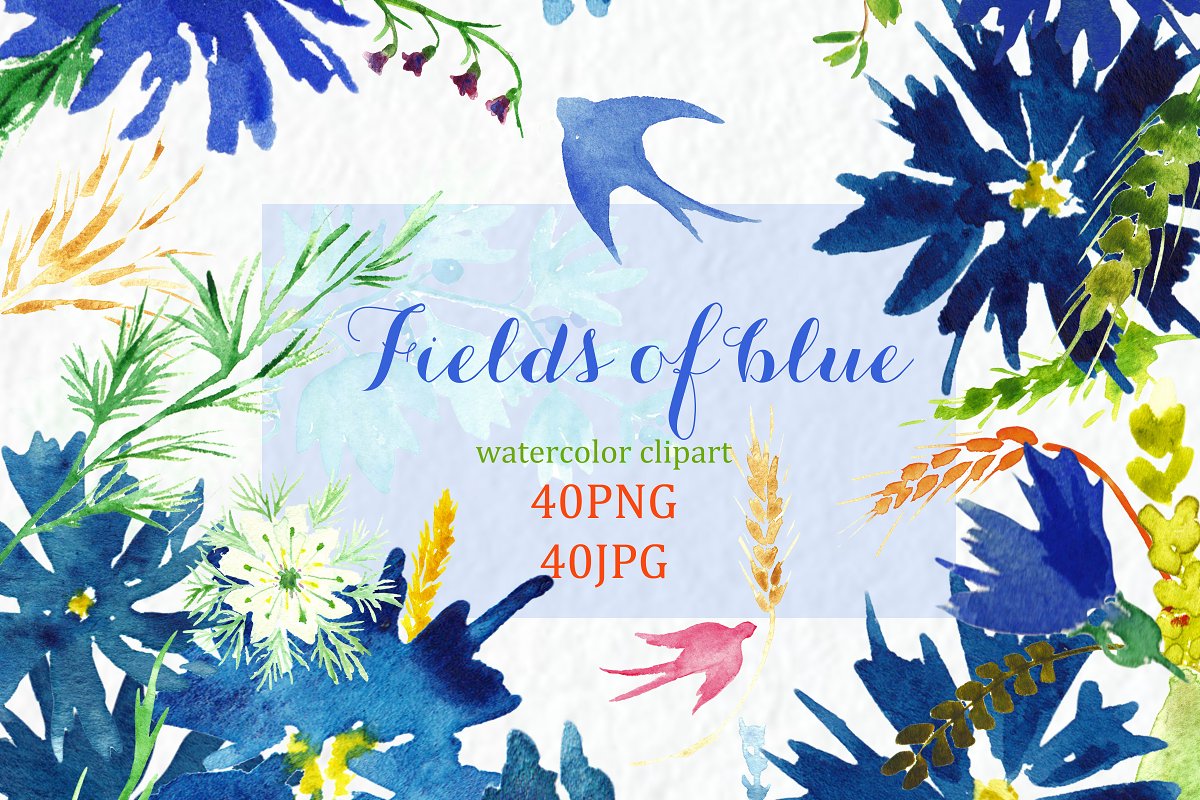 Cover image of Fields of blue Watercolor clipart.
