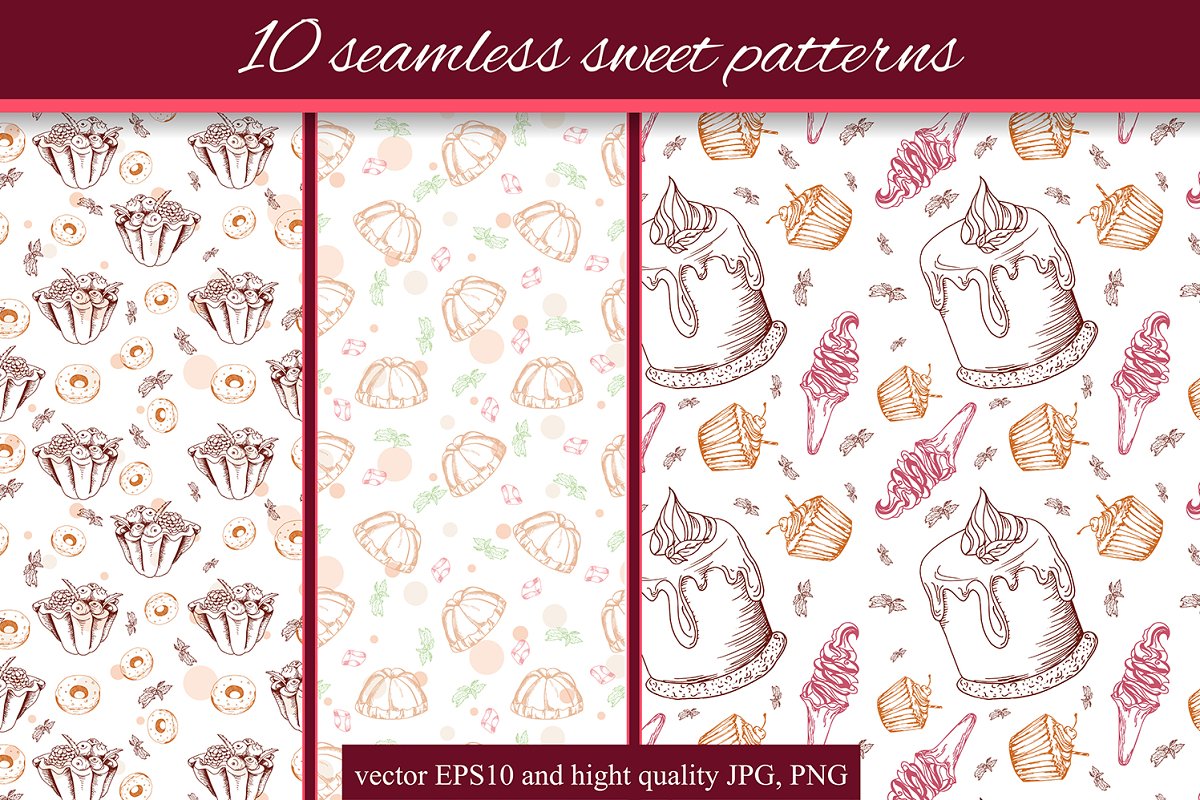 Cover image of 10 seamless sweet patterns.