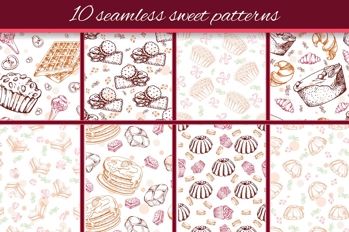 Diverse of 10 seamless sweet patterns.