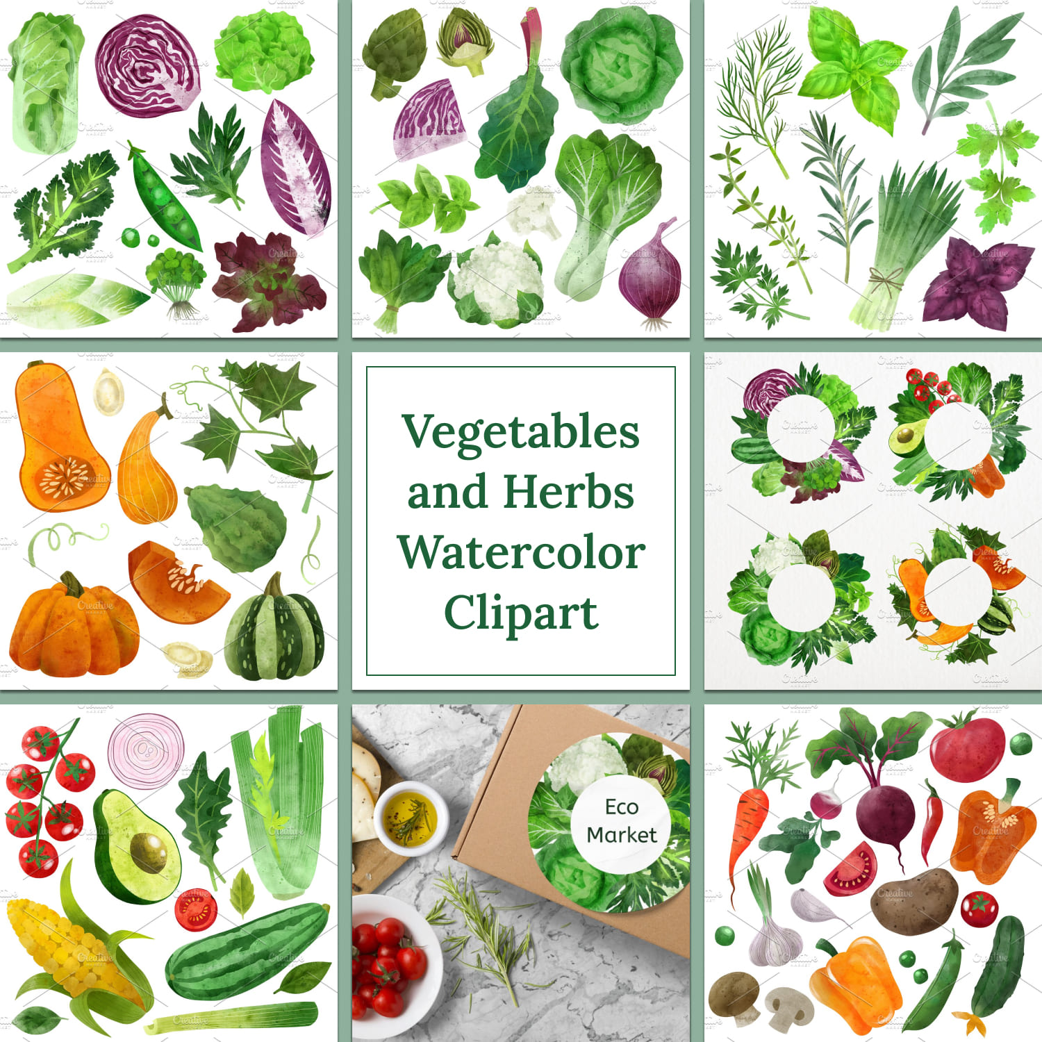 Vegetables herbs watercolor clipart - main image preview.