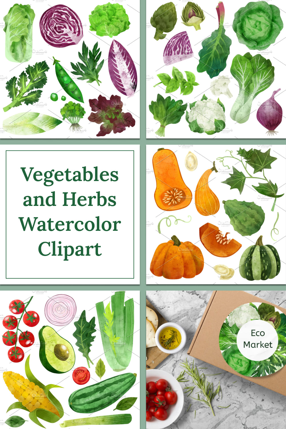 Vegetables herbs watercolor clipart - pinterest image preview.