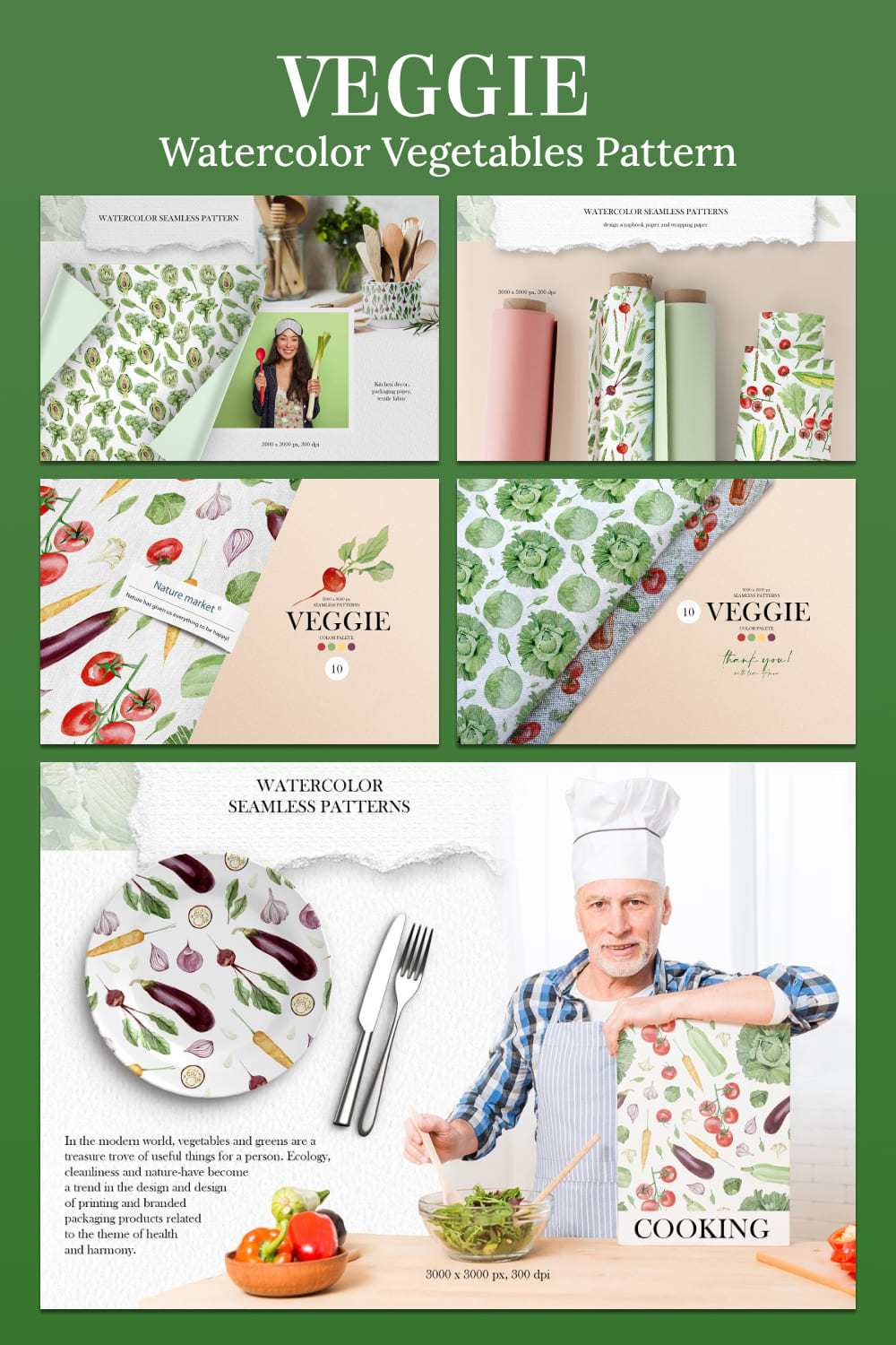 Veggie watercolor vegetables pattern - pinterest image preview.