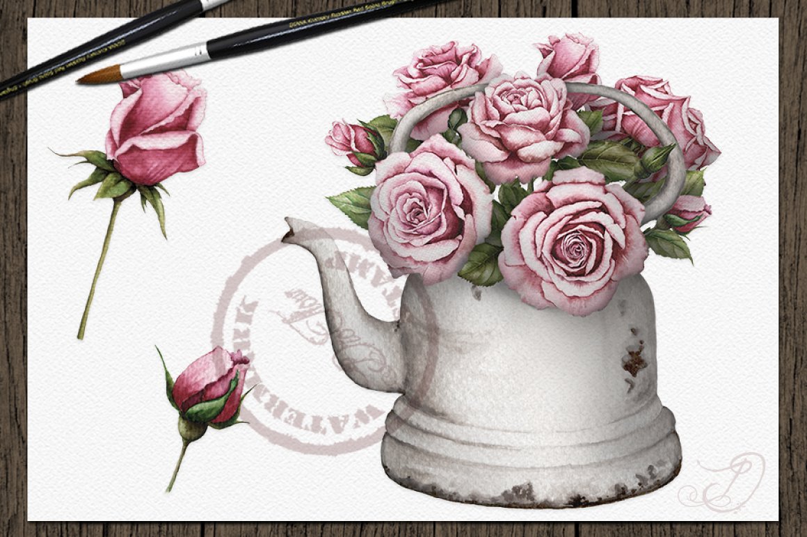 Metal kettle with beautiful pink roses.