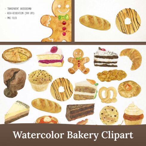 Watercolor bakery clipart - main image preview.
