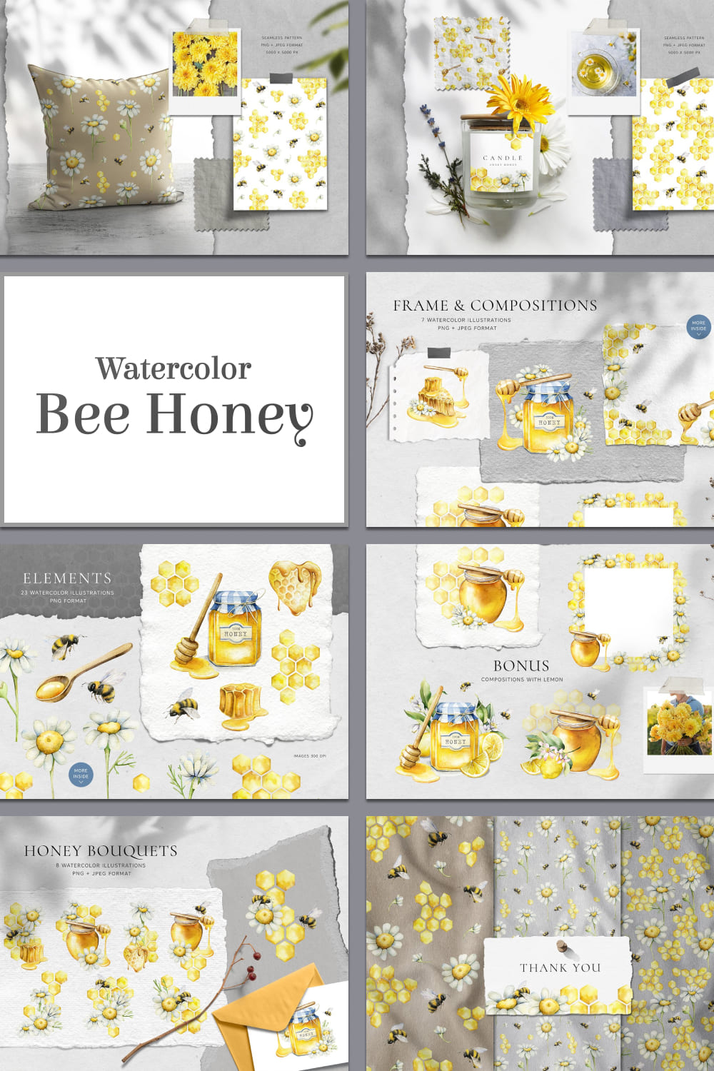 Watercolor bee honey - pinterest image preview.