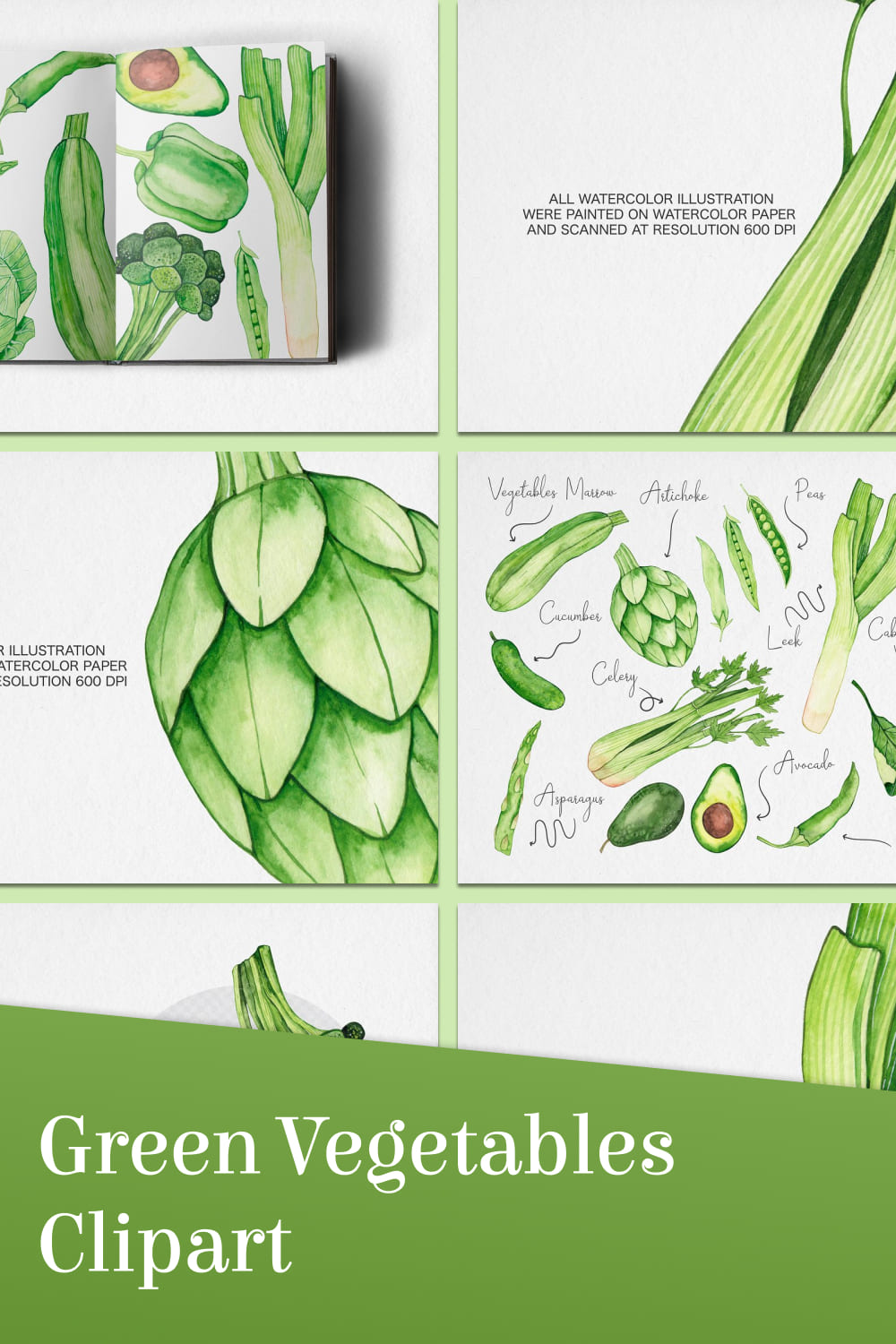 Watercolor green vegetables clipart - pinterest image preview.