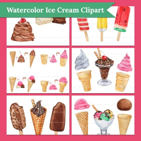 Watercolor ice cream clipart - main image preview.