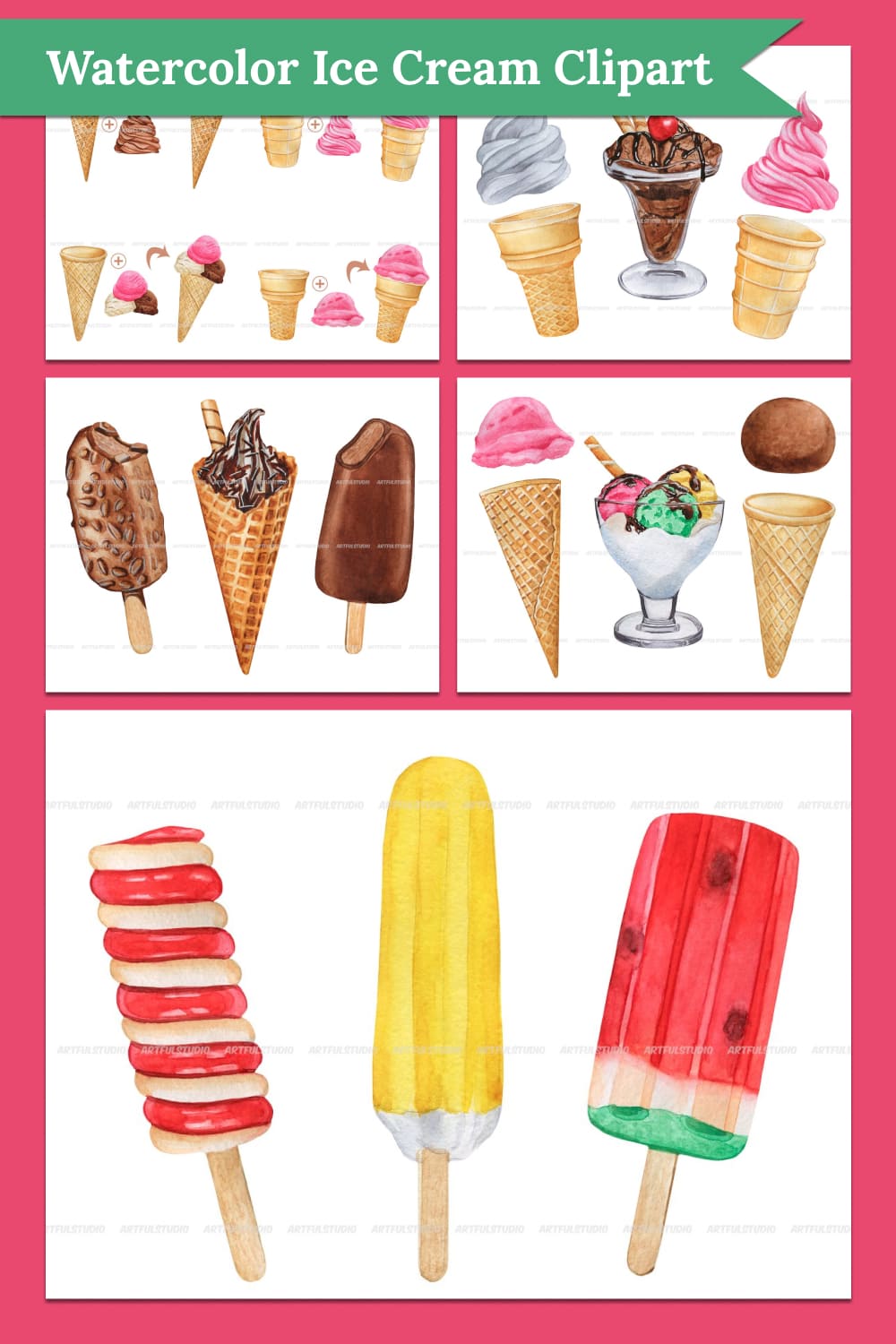 Watercolor ice cream clipart - pinterest image preview.