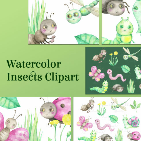 Watercolor insects clipart |snail ant dragonfly butterfly.