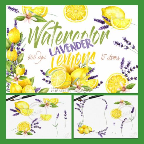 Watercolor Lavender Lemon Clip Arts.