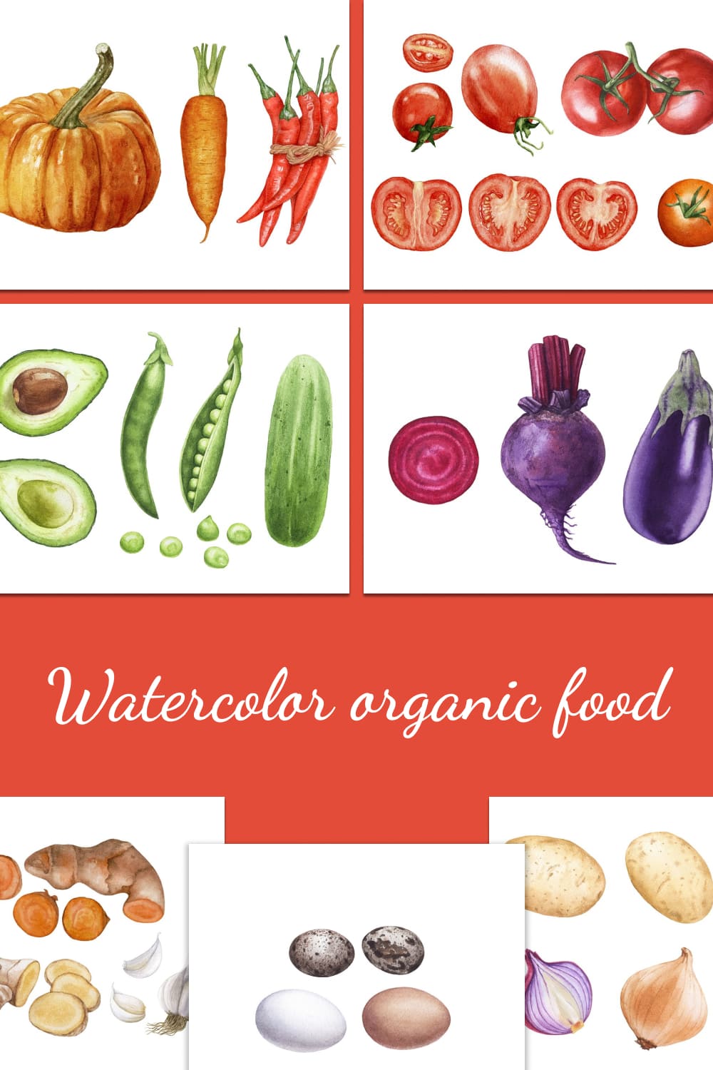 Watercolor organic food - pinterest image preview.