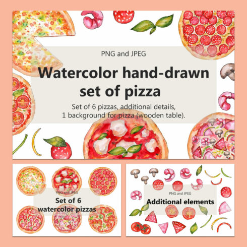 Watercolor pizza set created by Olha's watercolor.