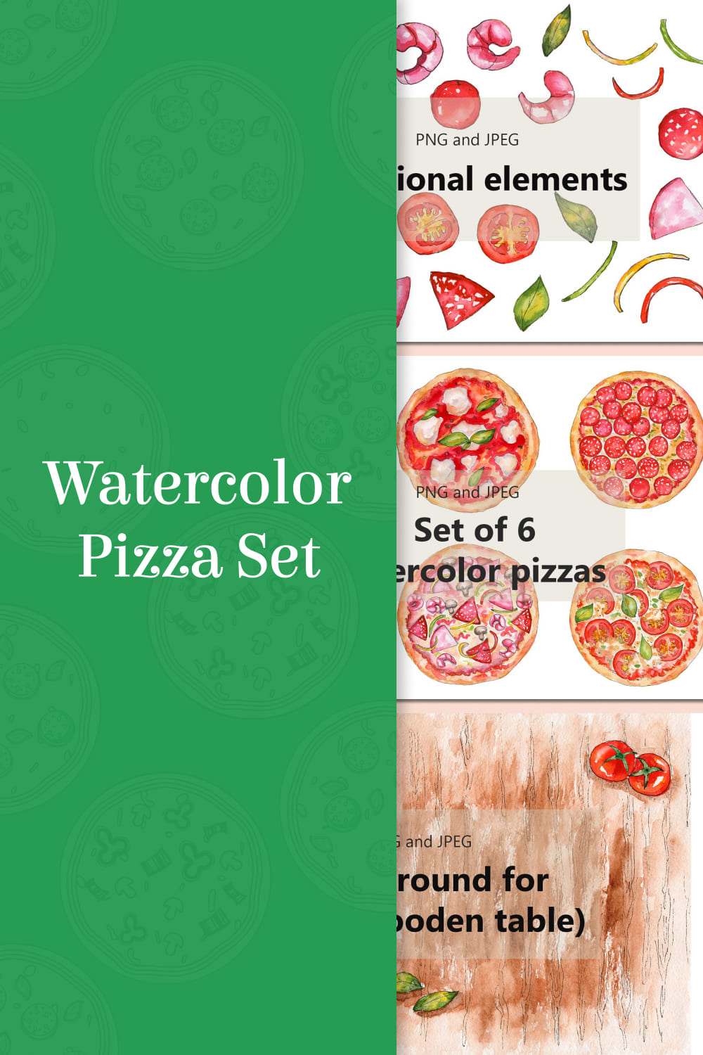 Watercolor pizza set - pinterest image preview.