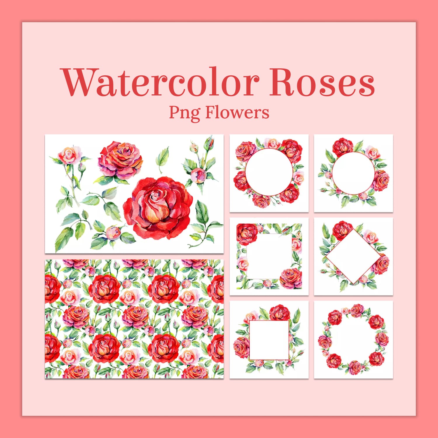Watercolor Roses PNG Flowers.