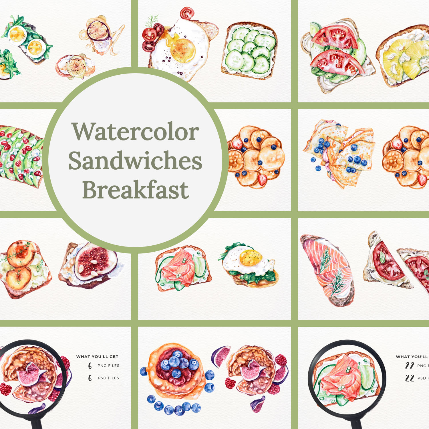 Watercolor sandwiches breakfast - main image preview.