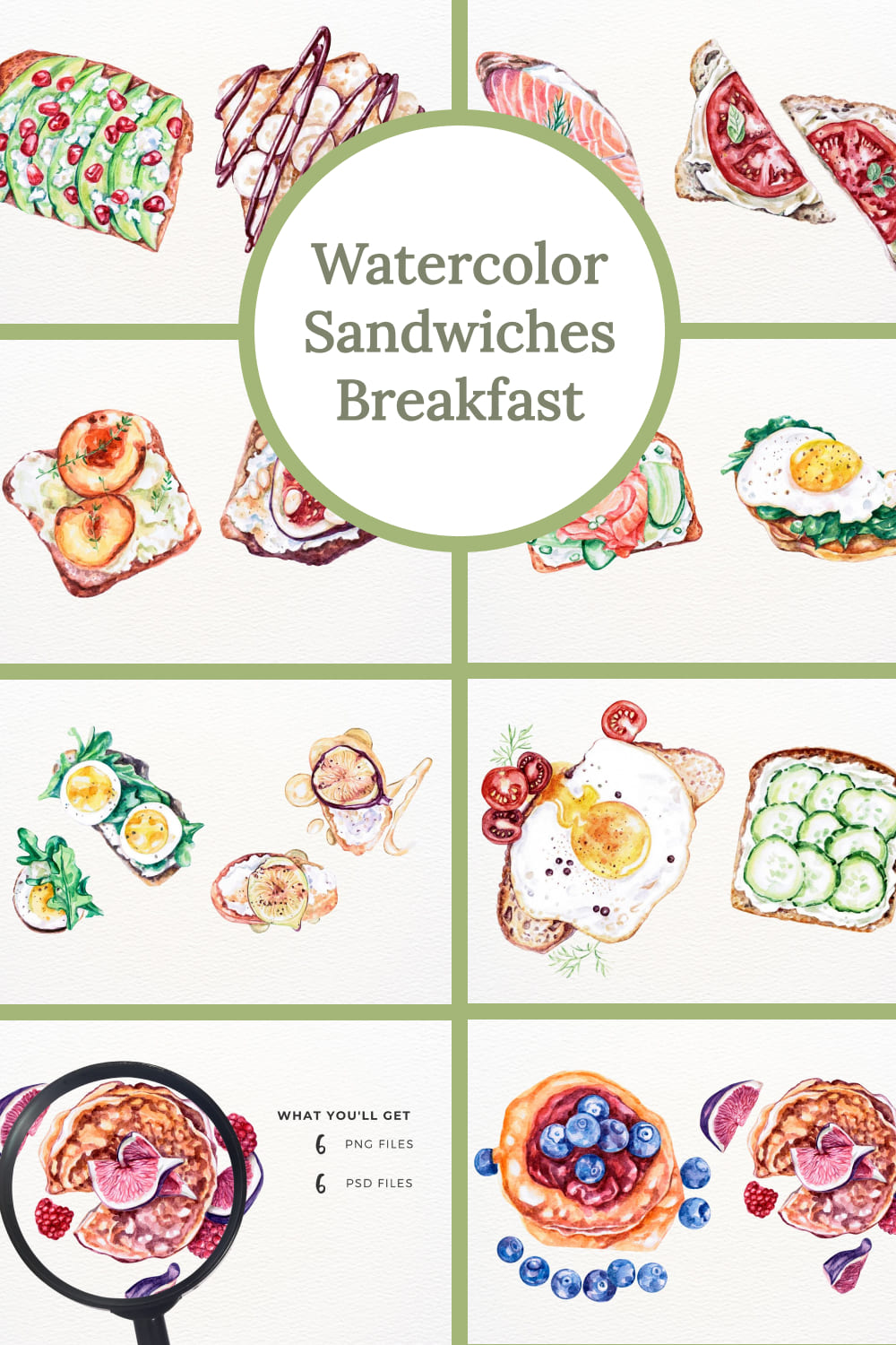 Watercolor sandwiches breakfast - pinterest image preview.