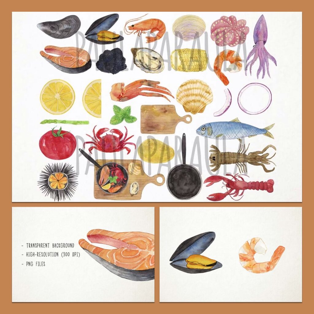 Watercolor Seafood Clipart, Fish – MasterBundles
