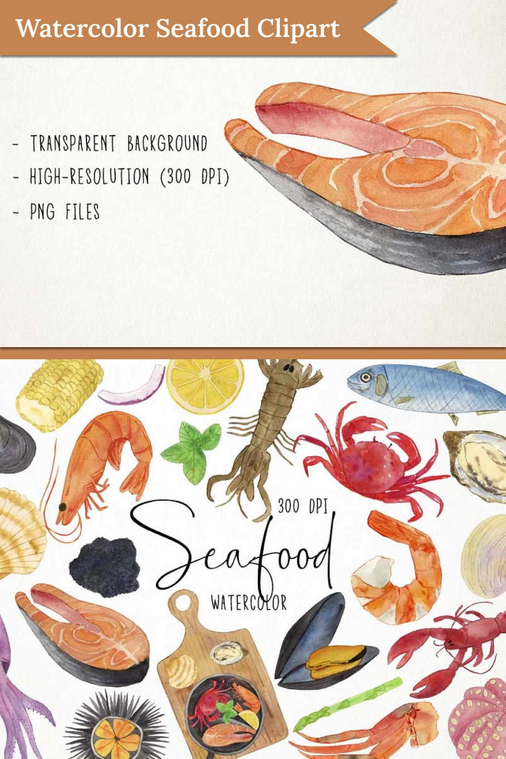 Watercolor seafood clipart fish - pinterest image preview.