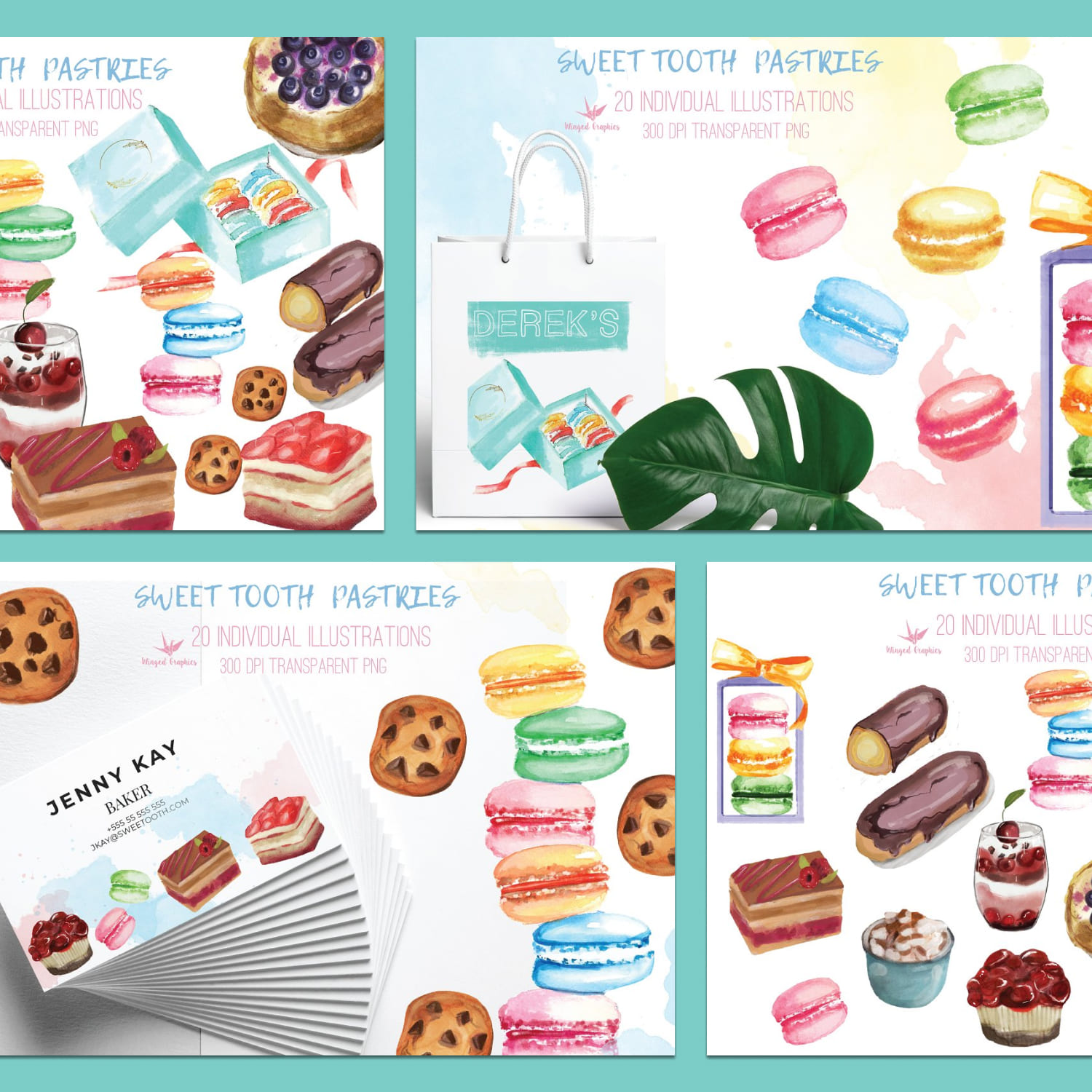 Watercolor sweet pastries, desserts created by Winged Graphics.