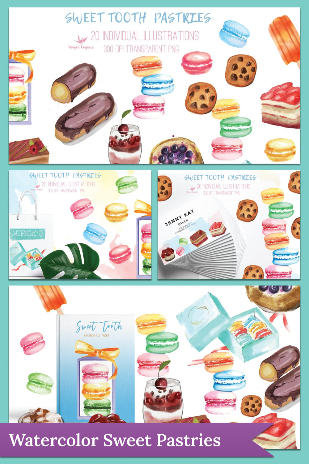 Watercolor sweet pastries desserts - pinterest image preview.