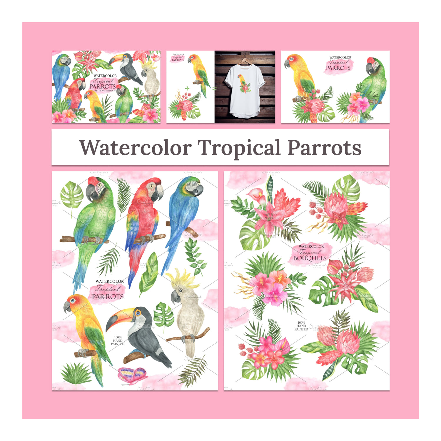 Watercolor tropical parrots - main image preview.