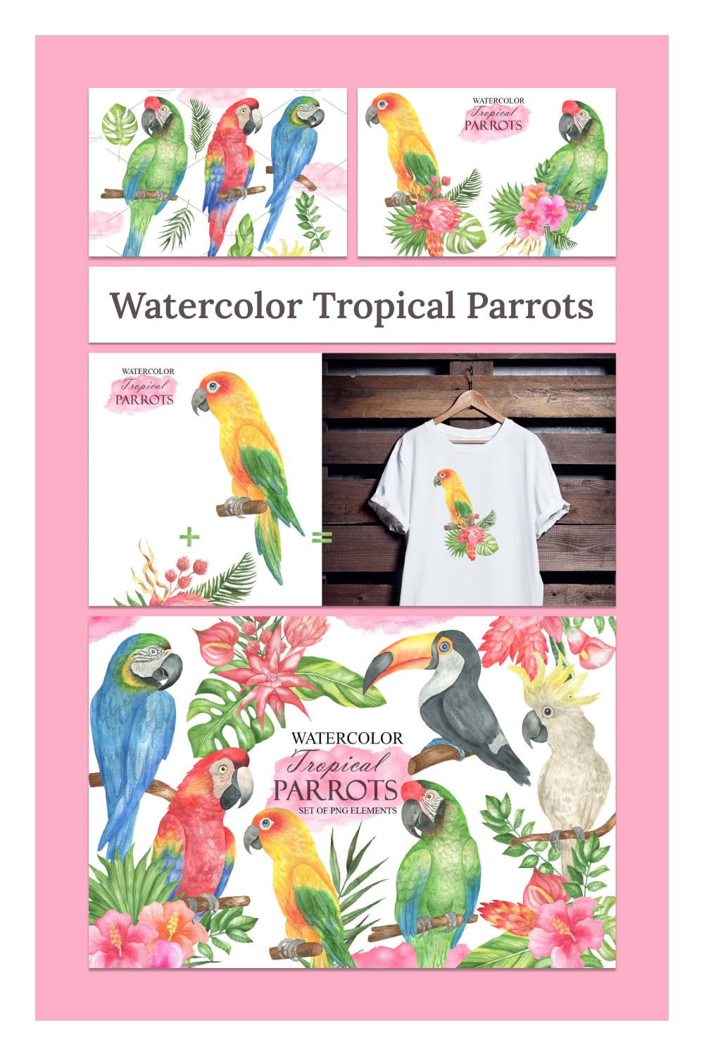 Watercolor tropical parrots - pinterest image preview.