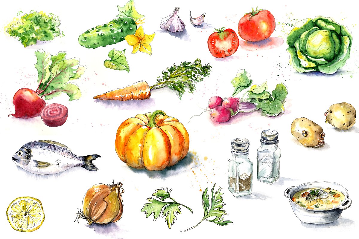 Watercolor vegetables preview.