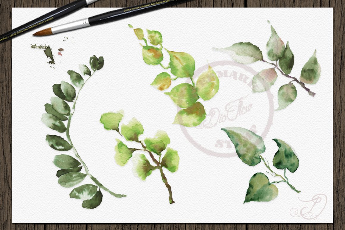 Watercolor green leaves for full composition.
