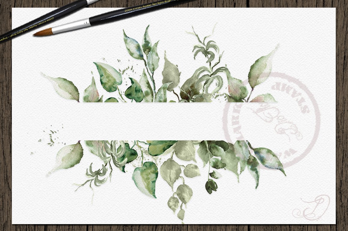 Watercolor horizontal leaves frame.