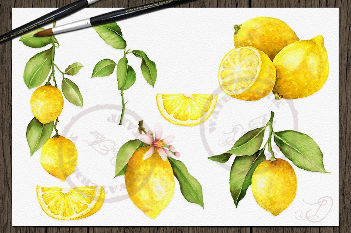 Watercolor yellow lemons.