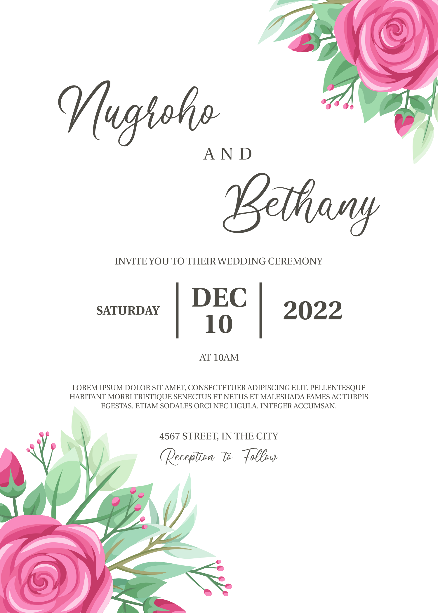 Greenery Wedding Invitation Template With Rose Ornament Postcard Example.