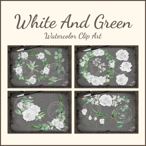 White And Green Watercolor Clip Art.