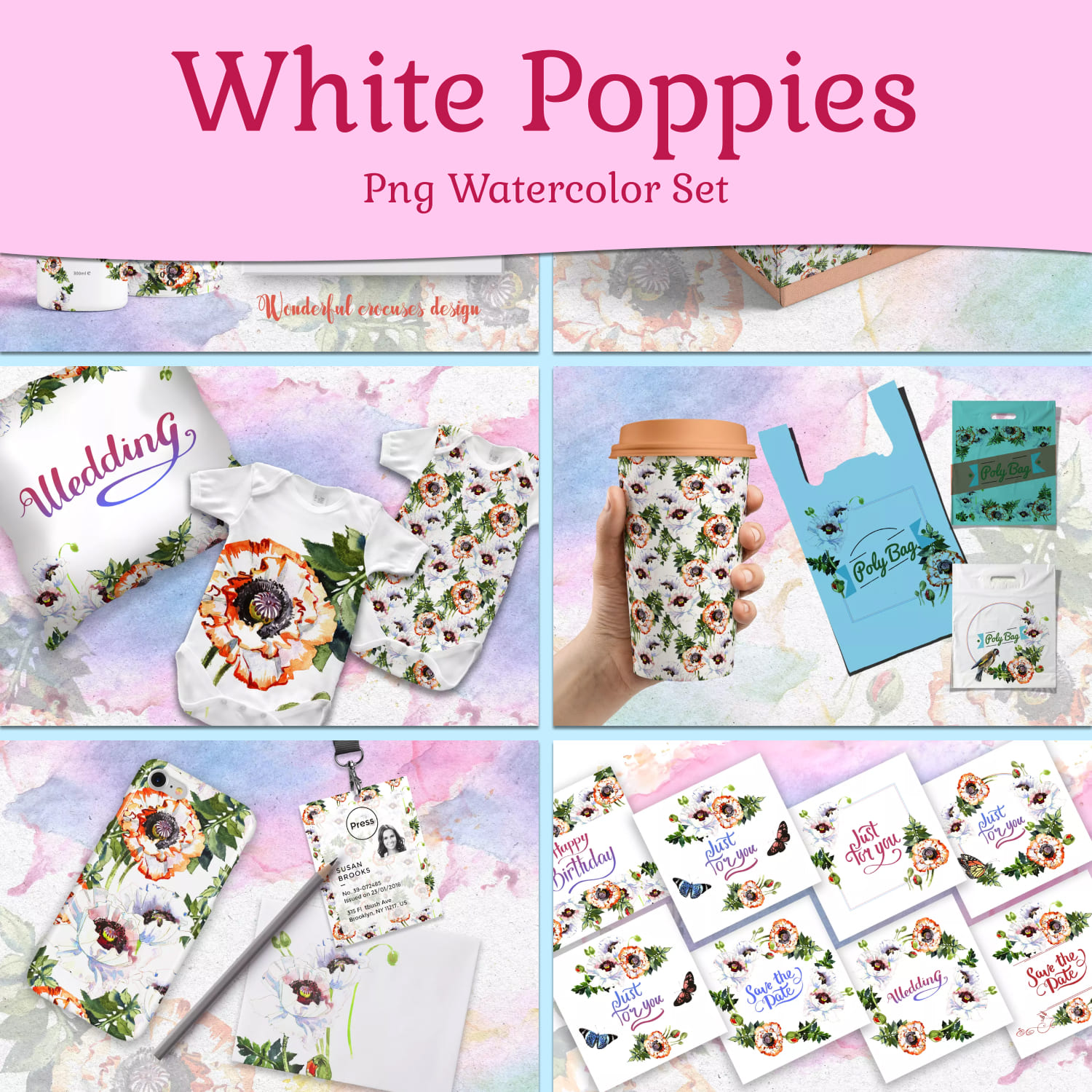 White Poppies PNG Watercolor Set .