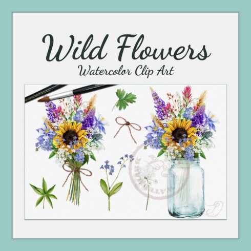Wild Flowers Watercolor Clip Art.