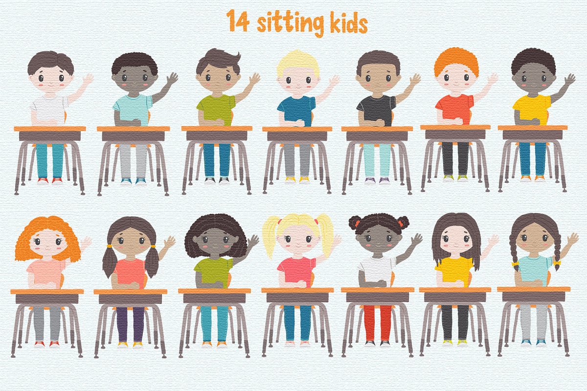 This set includes 14 sitting kids pictures.