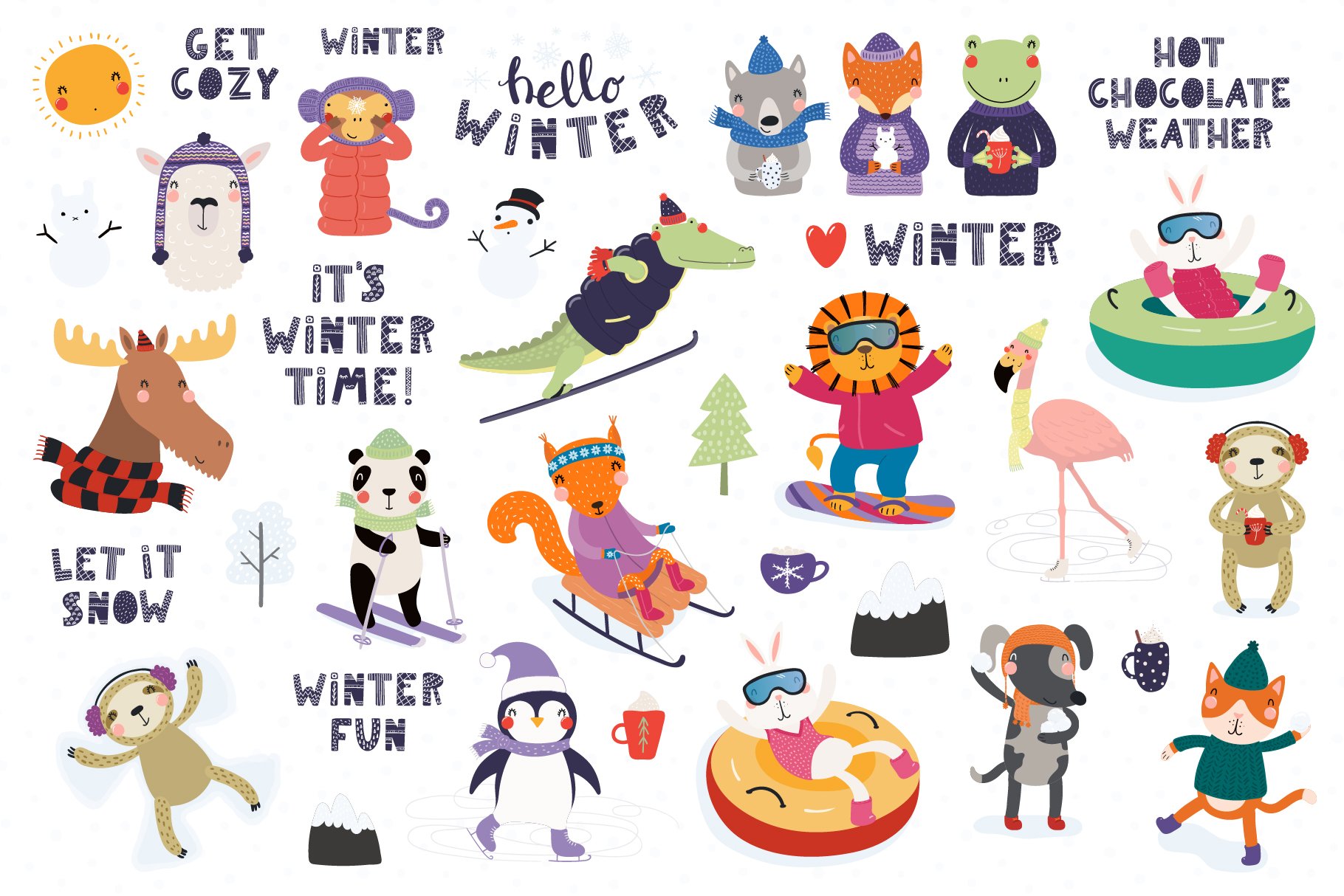 White background with winter animals.