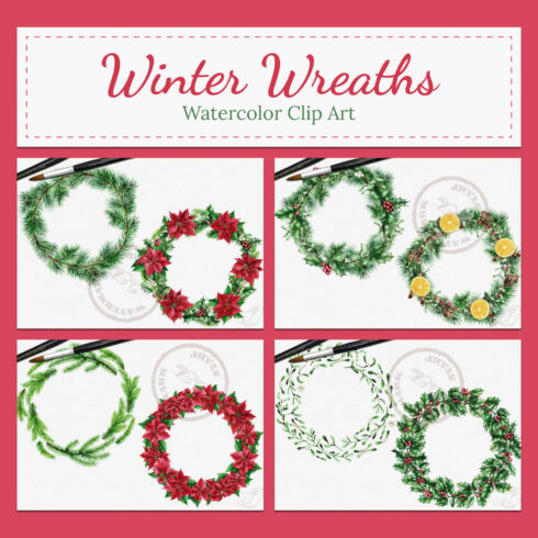 Winter Wreaths Watercolor Clip Art.