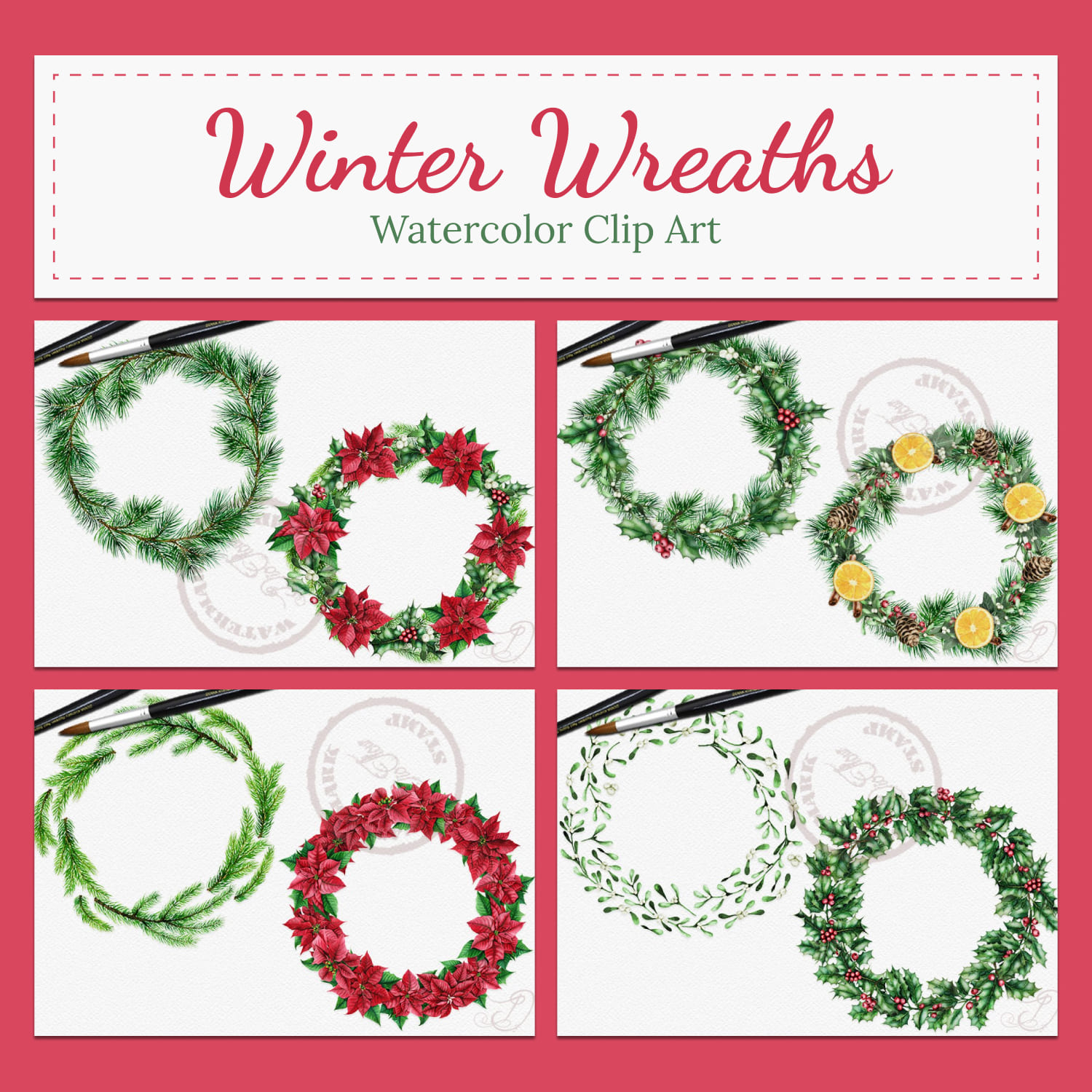 Winter Wreaths Watercolor Clip Art.
