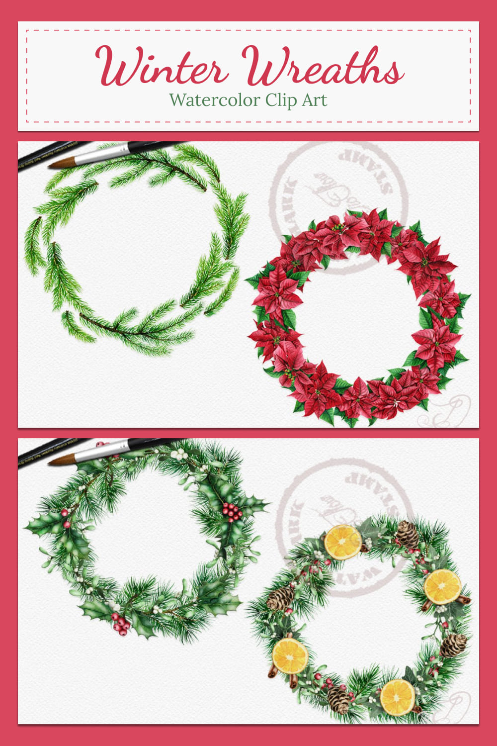 winter wreaths watercolor clip art 03