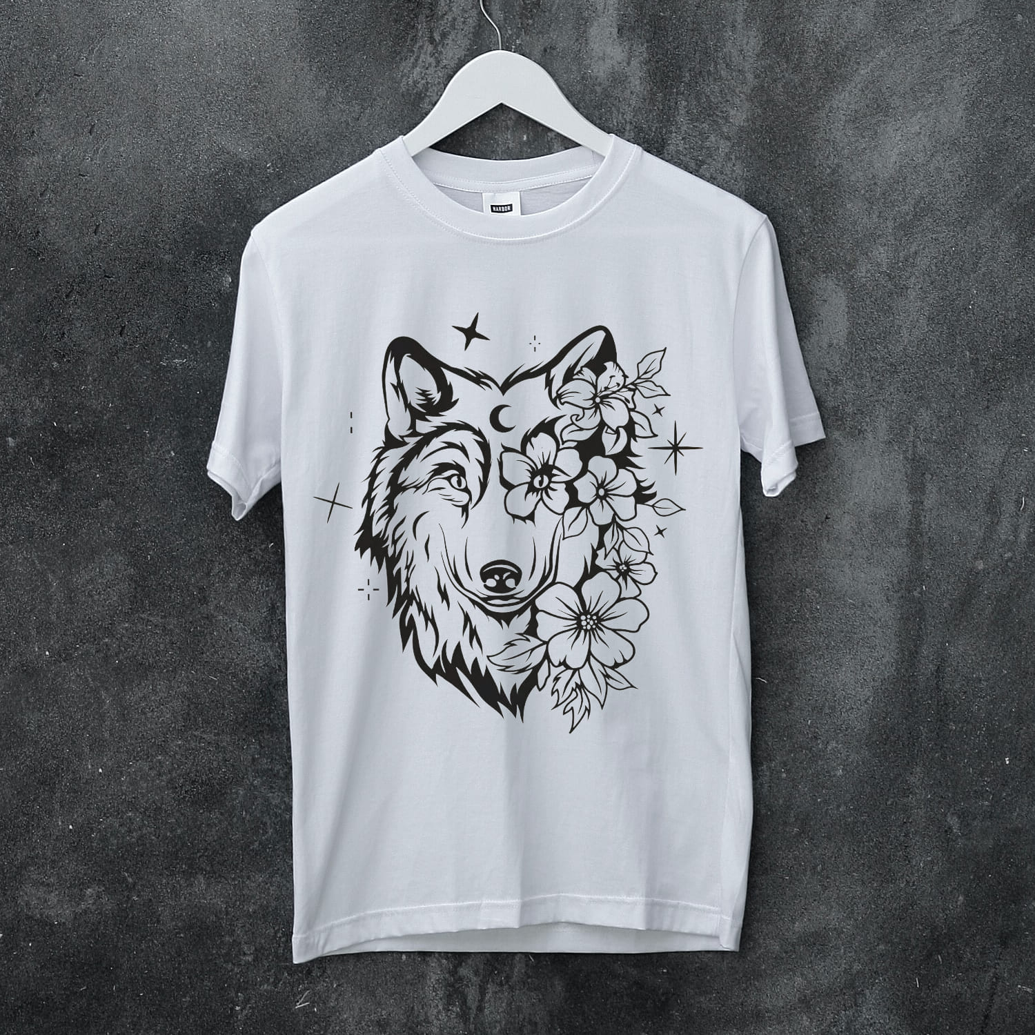 White t - shirt with a wolf and flowers on it.