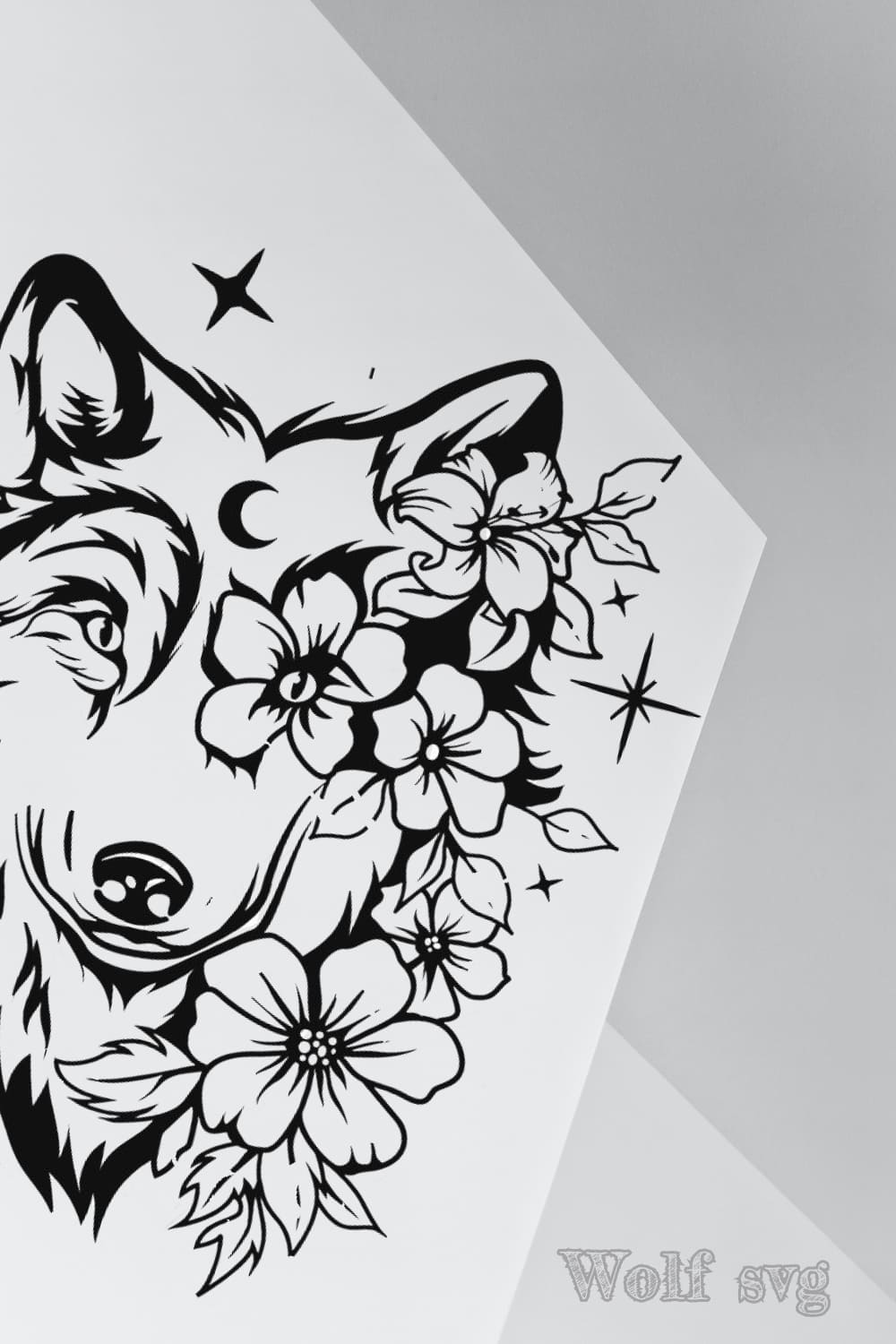 Drawing of a wolf with flowers on it.