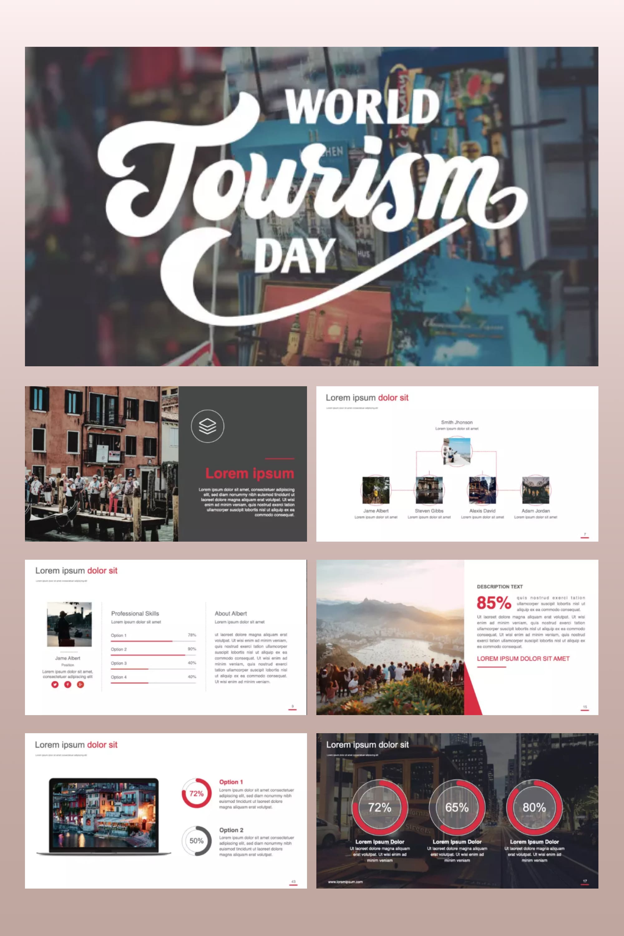 Collage of presentation pages with photos of tourist places and white background.