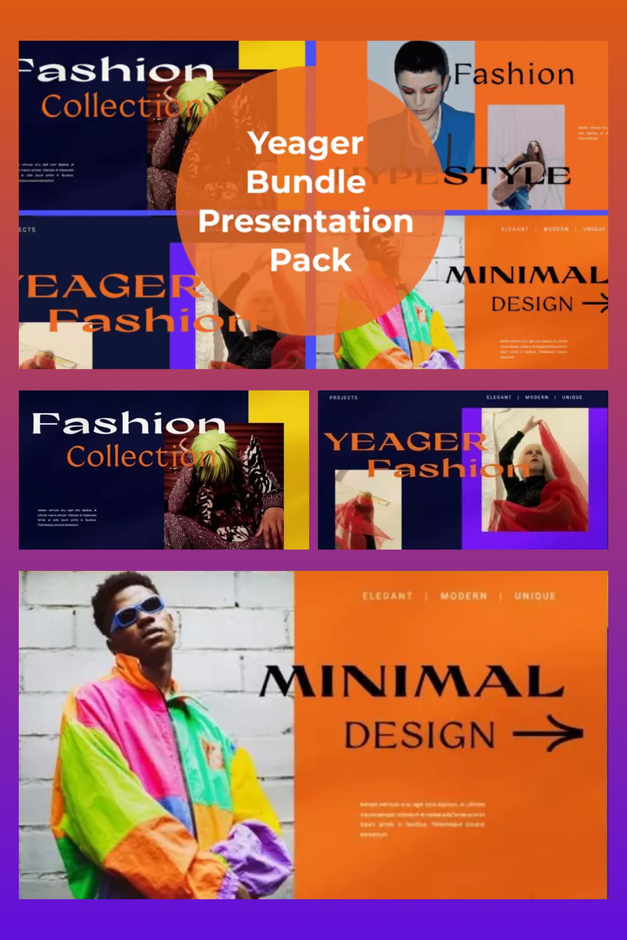 Mix of presentation pages with bright backgrounds, orange accents and photos of fashionistas.