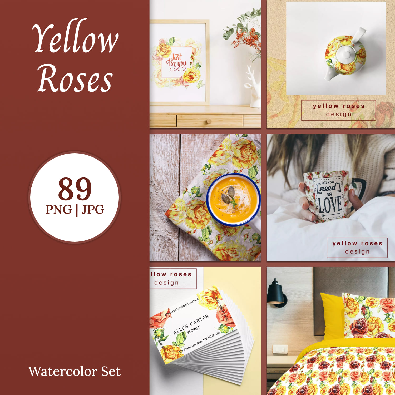Yellow Roses PNG Watercolor Set.