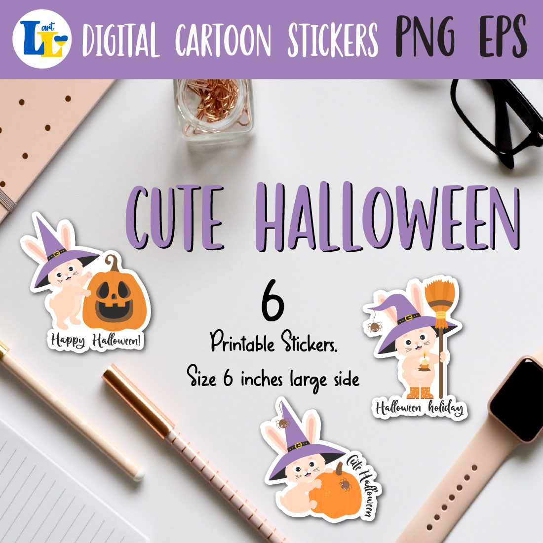 Cute Bunny Halloween bundle Digital Printable stickers exaples
