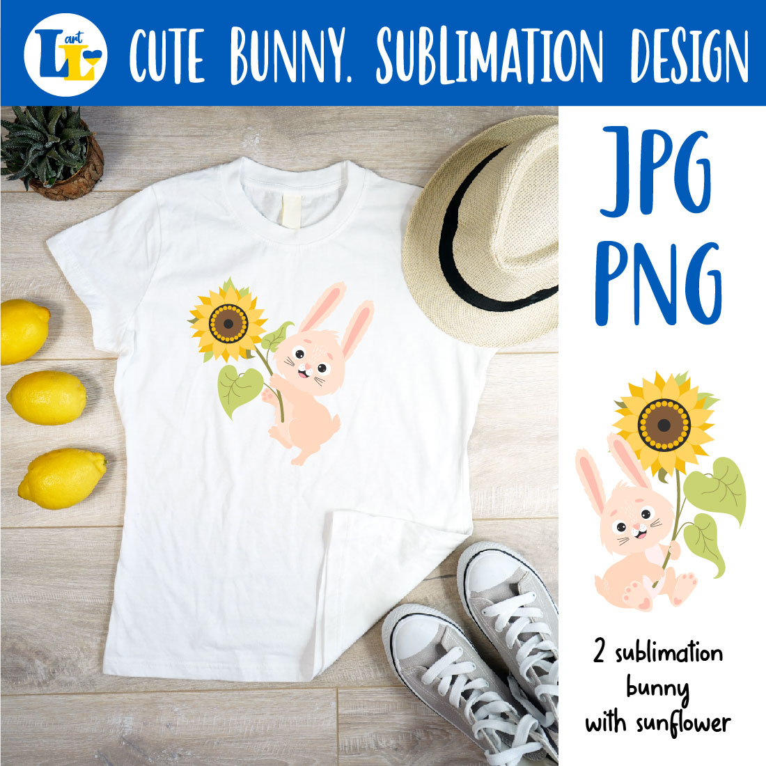 Cute Bunny with Yellow Sunflower PNG Sublimation cover image.