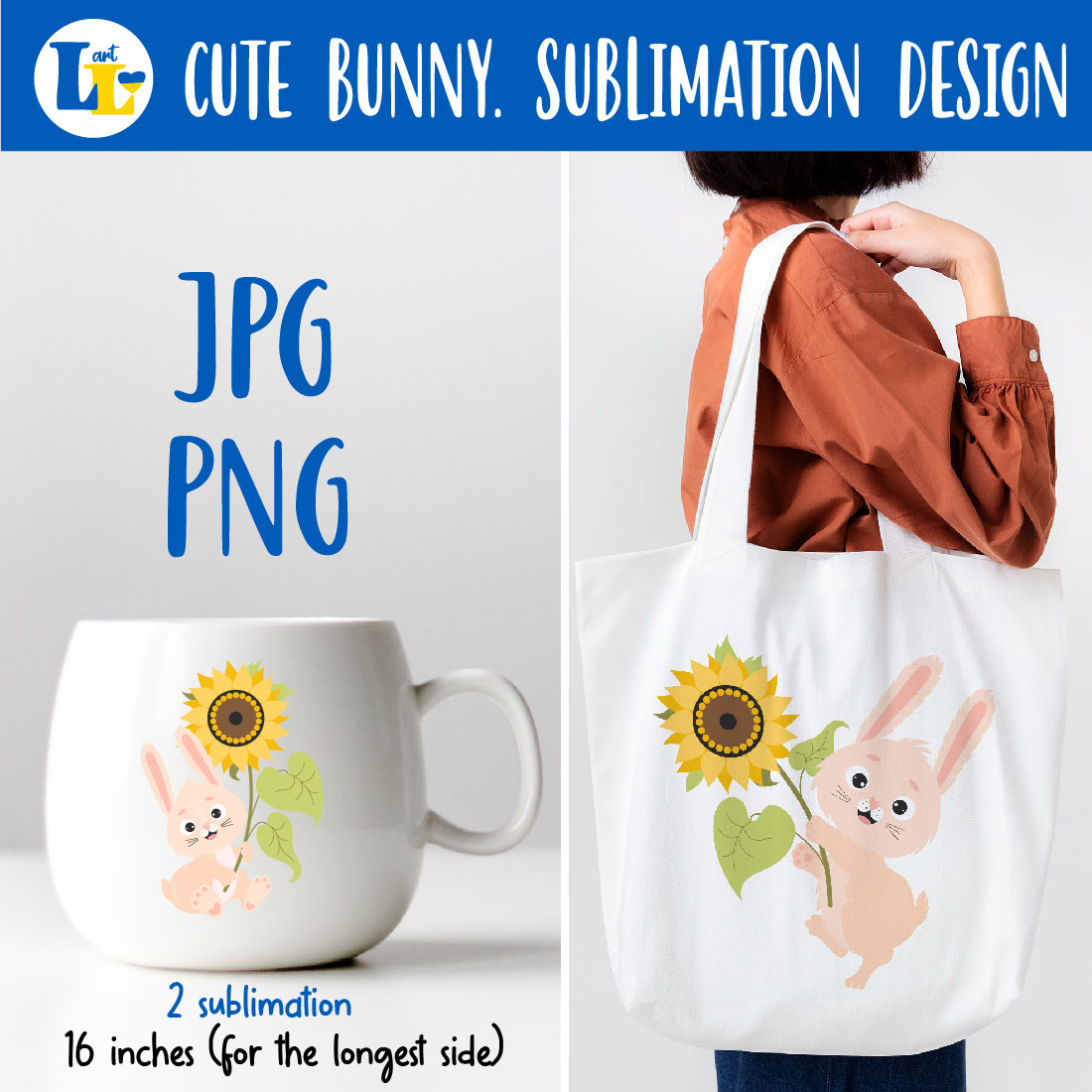 Cute Bunny with Yellow Sunflower PNG Sublimation previews.