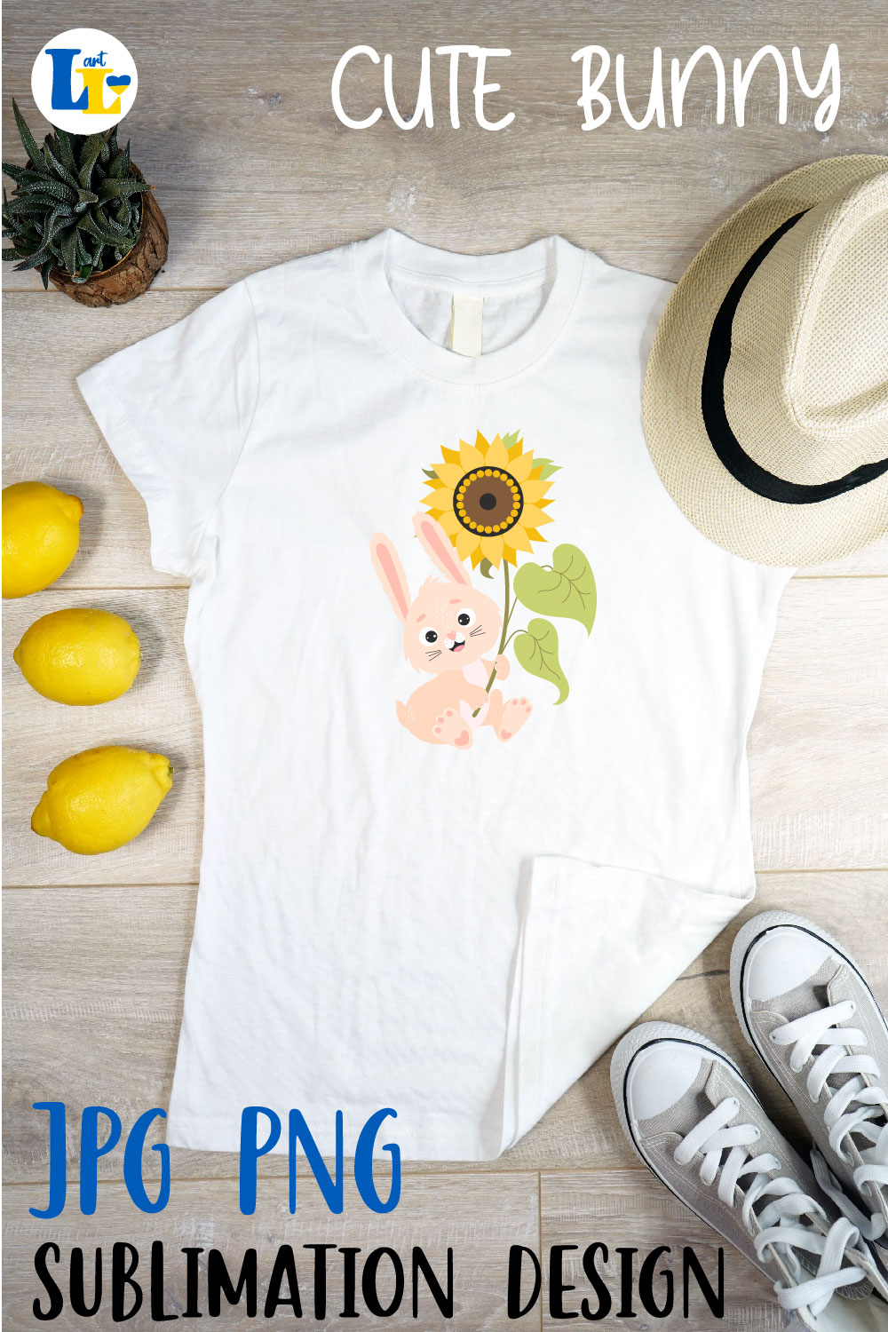 Cute Bunny with Yellow Sunflower PNG Sublimation pinterest image.