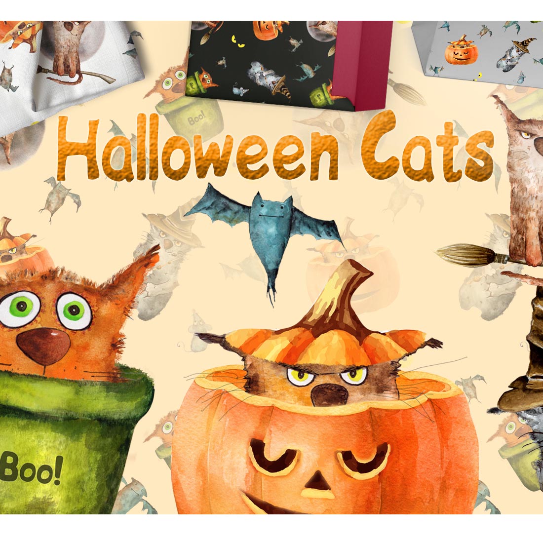 Watercolor Pattern Cat Halloween cover image.